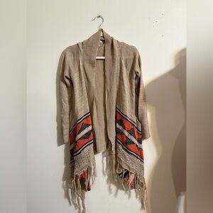Demanding Women’s XS Aztec cardigan tribal-inspired design fringe tan orange